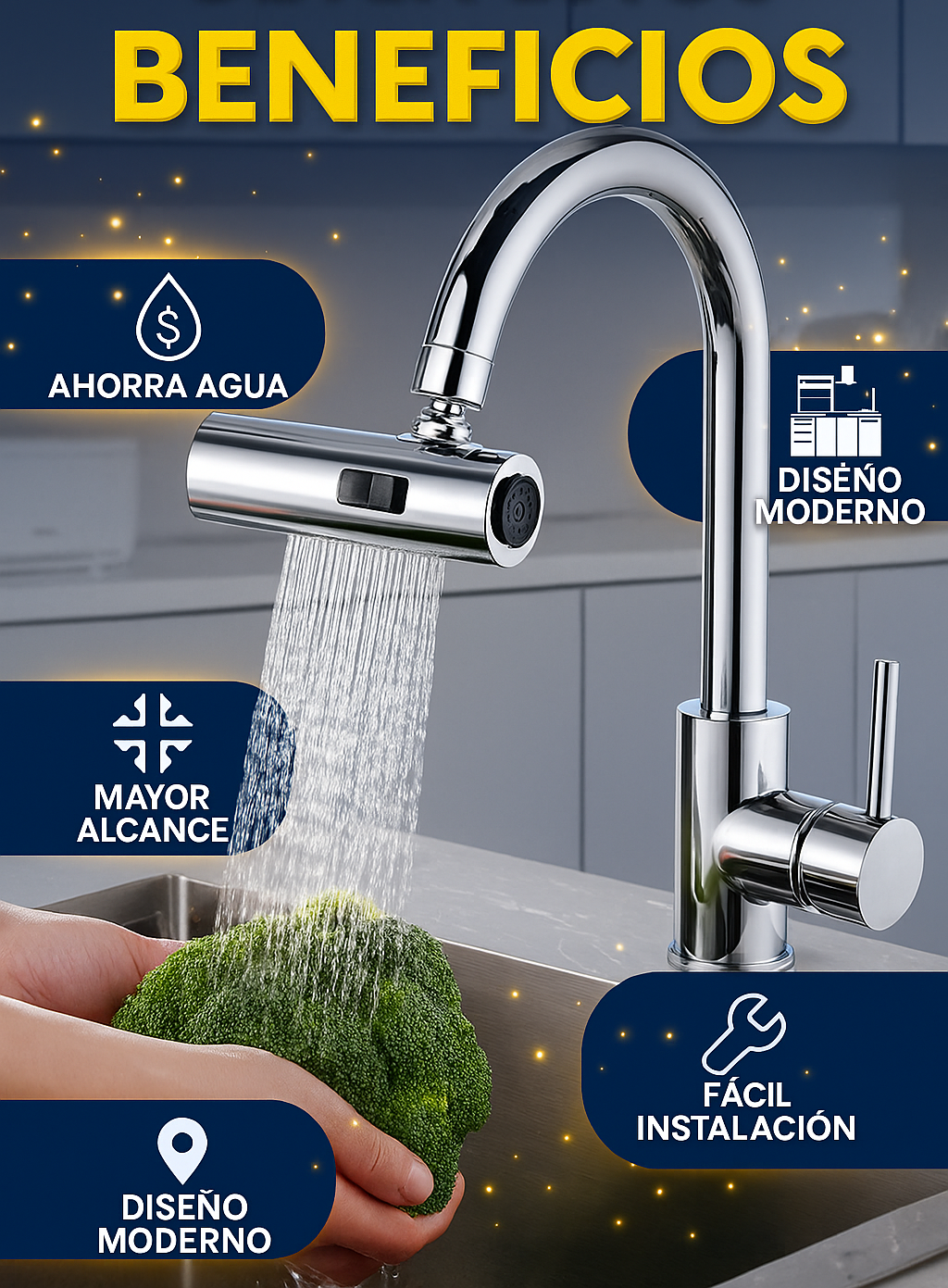 Extensor Llave giratoria FlexiPro™ + Limpia Ollas - Comodidad sin salpicar ni perder agua