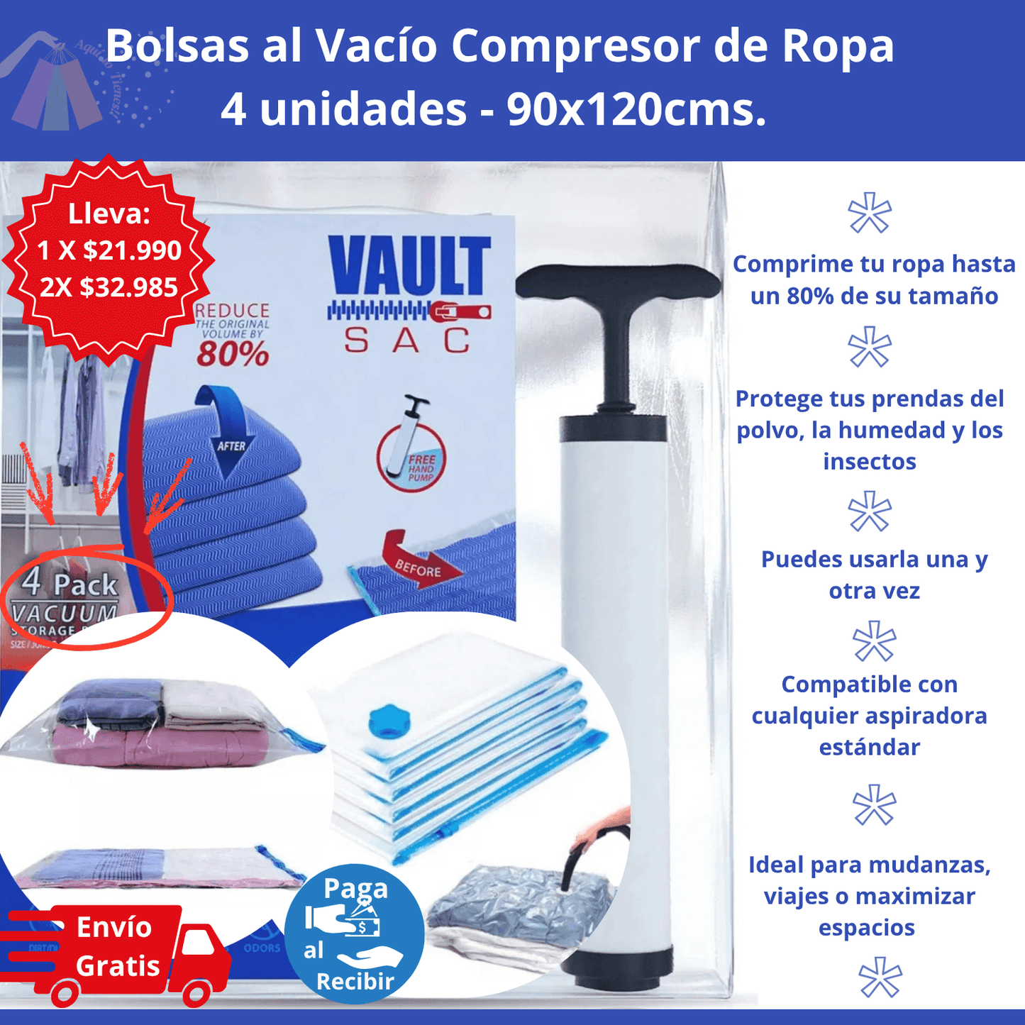 Bolsas de Vacío Compresor de Ropa 90x120 cm *Pack 4 unidades - ¿Tus prendas se sienten húmedas y con olor a guardado otra vez?
