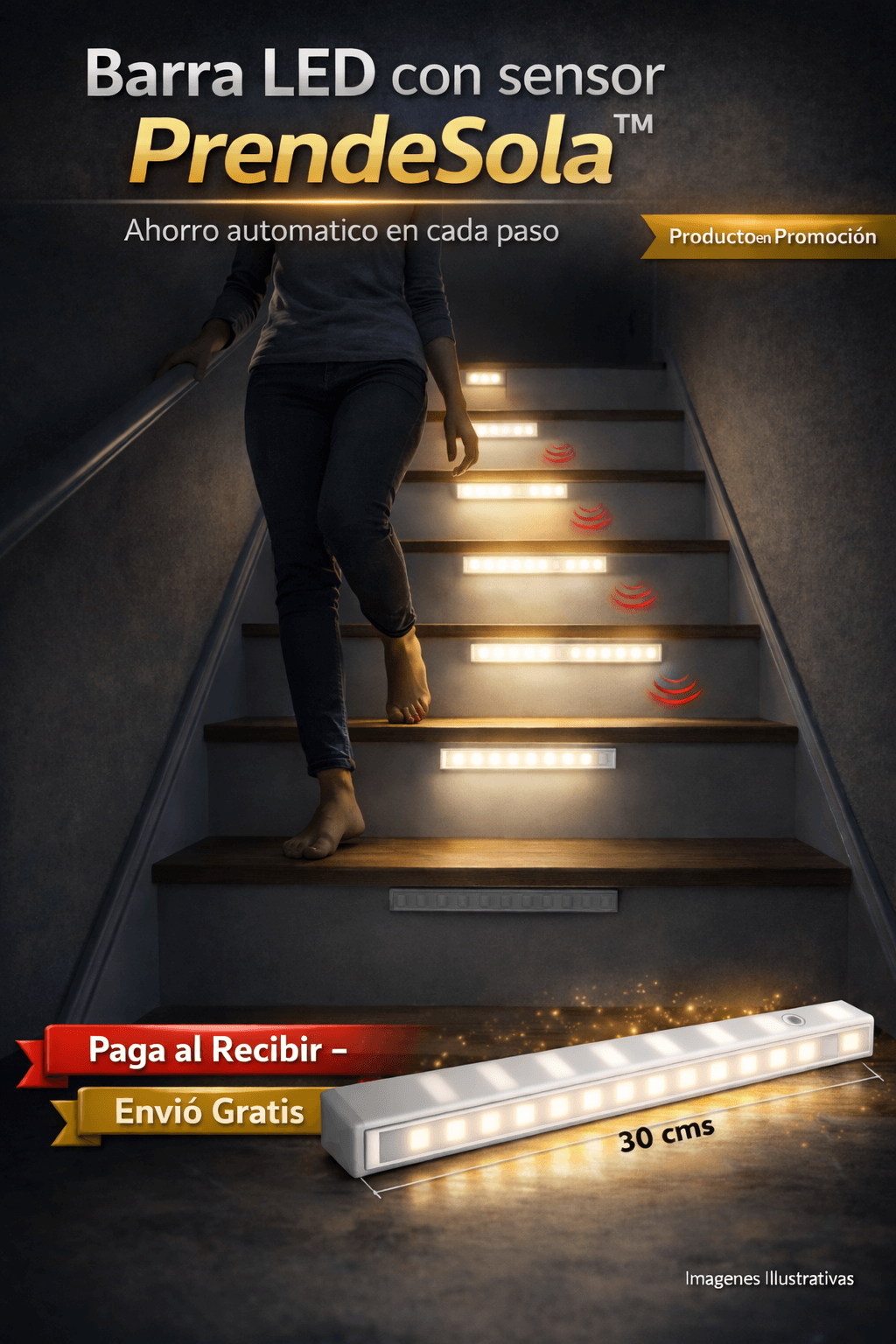 Luz Led Barra Con Sensor Movimiento 30cm - Ahorro automático en cada paso.