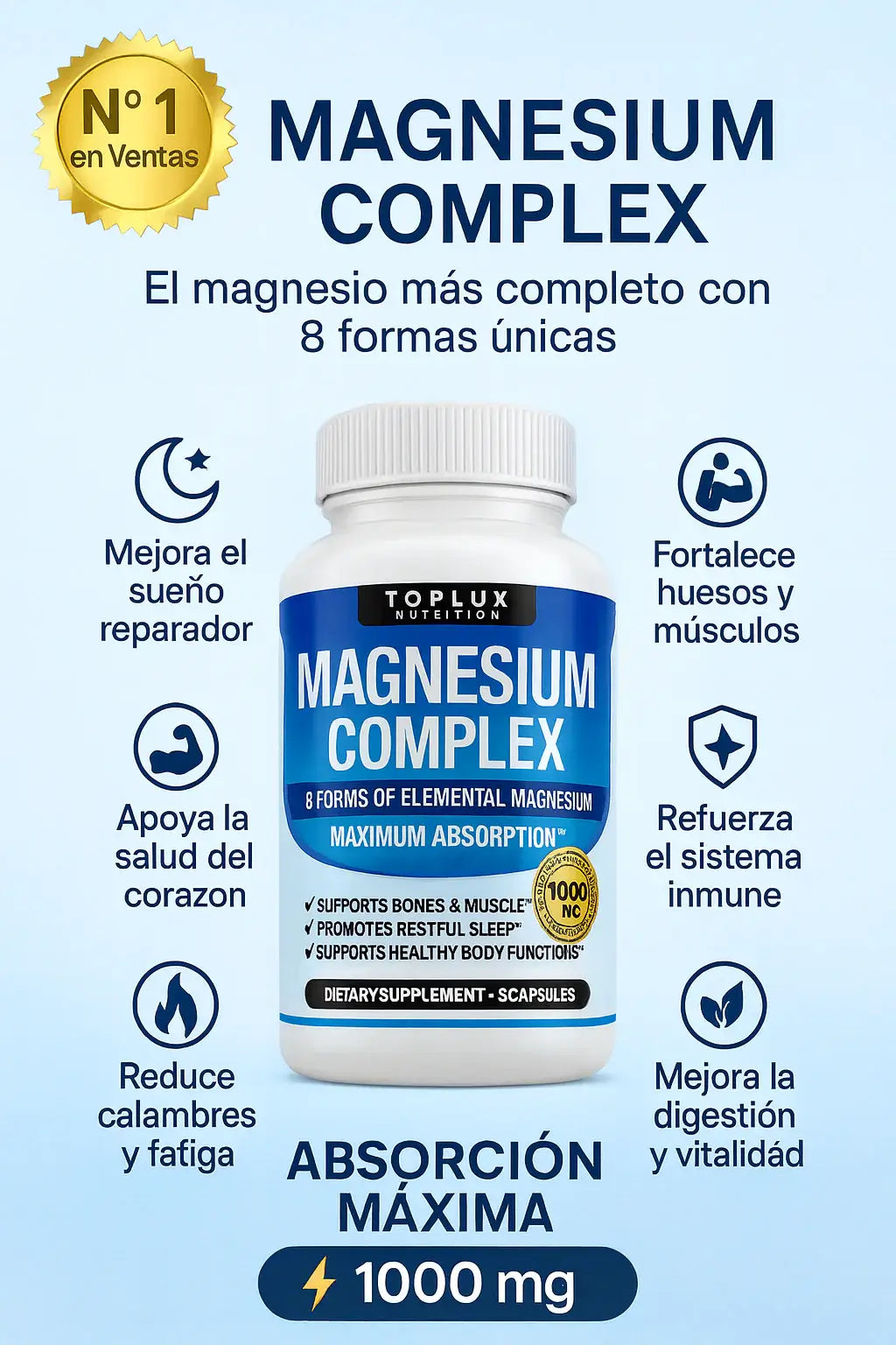 MAGNESIO COMPLEX 8 ELEMENTAL Toplux 1000 mg - El mejor aliado para tu bienestar