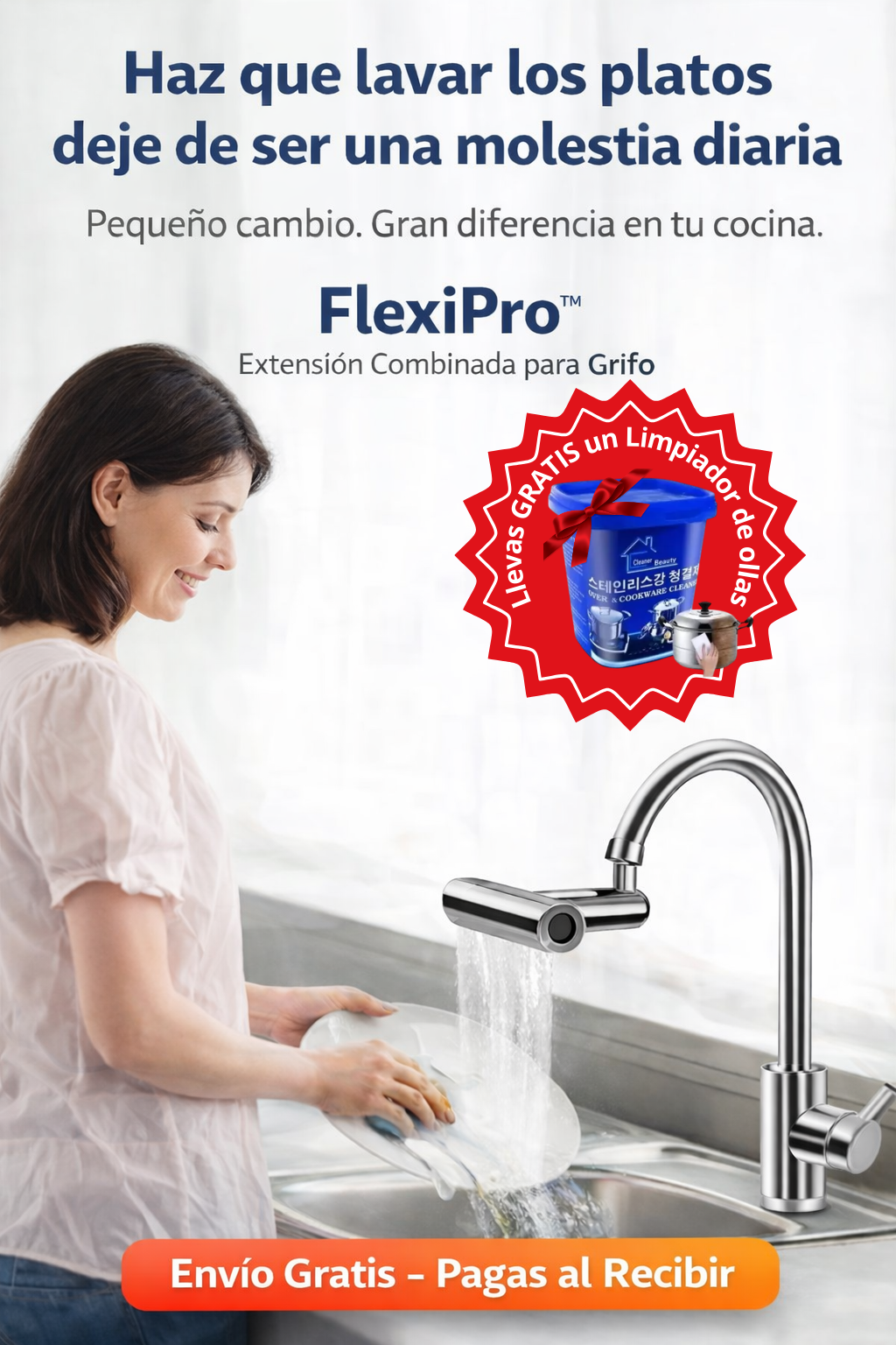 Extensor Llave giratoria FlexiPro™ + Limpia Ollas - Comodidad sin salpicar ni perder agua