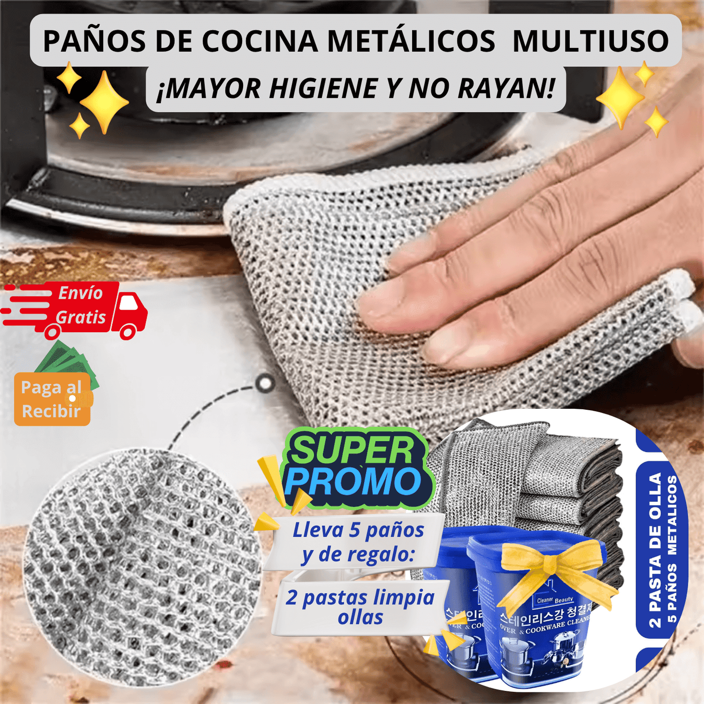5 PAÑOS METALICOS DE LIMPIEZA MULTIUSO - PROTEGE A TU FAMILIA Y TU HOGAR DE UNA SOLA PASADA
