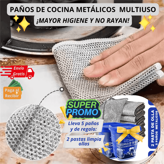 5 PAÑOS METALICOS DE LIMPIEZA MULTIUSO - PROTEGE A TU FAMILIA Y TU HOGAR DE UNA SOLA PASADA