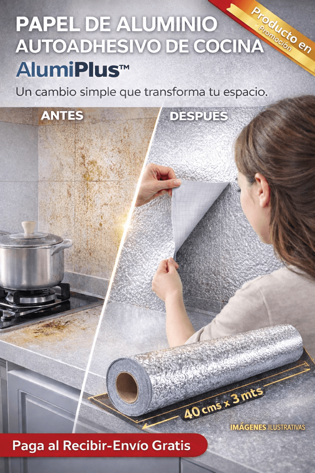 PAPEL DE ALUMINIO AUTOADHESIVO DE COCINA AlumiPlus™ - Un cambio simple que transforma tu espacio