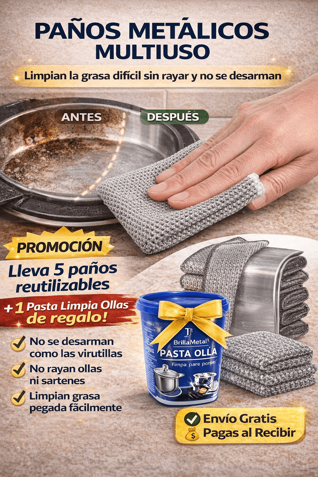 PAÑOS METALICOS REUTILIZABLES BrillaMetal™ - Protege a tu Familia y a tu Hogar de una sola pasada