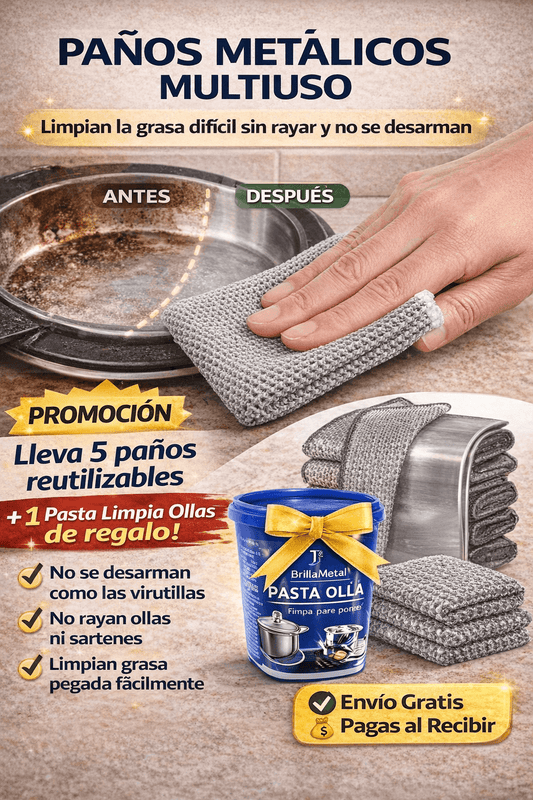 PAÑOS METALICOS REUTILIZABLES BrillaMetal™ - Protege a tu Familia y a tu Hogar de una sola pasada