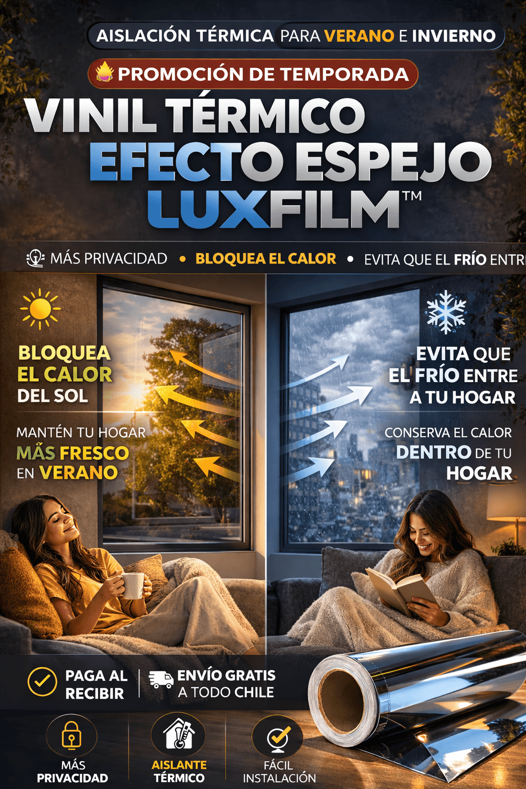 VINIL EFECTO ESPEJO LUXFILM™- Privacidad, Protección Solar y Aislación Térmica Todo el Año